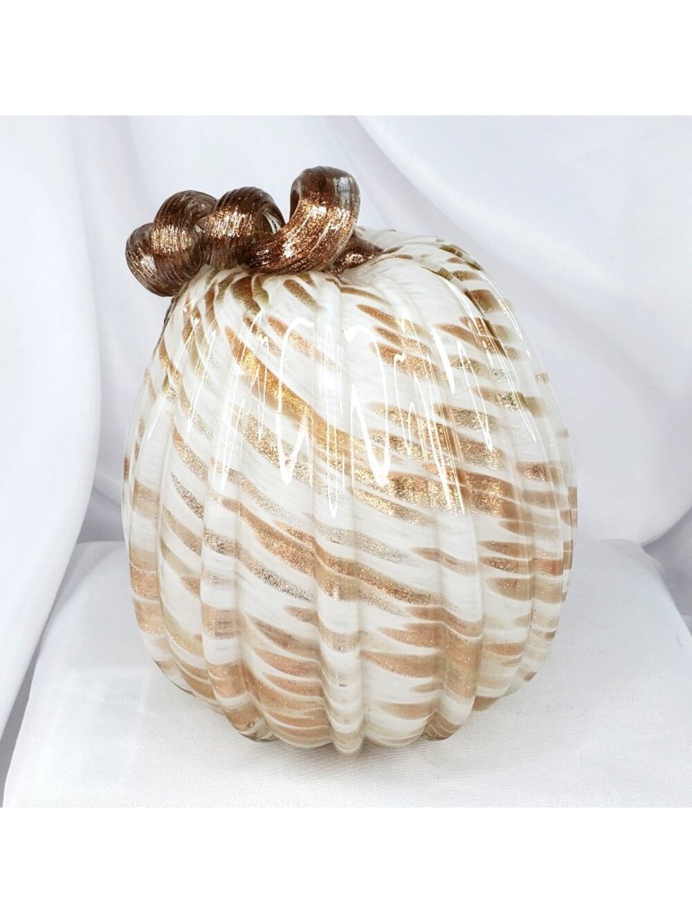 Hand-Blown Glass Pumpkin by Harvest Cottage Swirled White & Gold Glitter 7" Tall